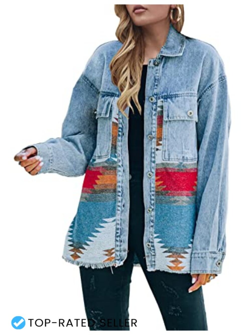 Women's Oversized Aztec Print Denim Jacket Fringe